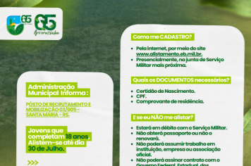 Administração Municipal de Arvorezinha Informa: ALISTAMENTO MILITAR: JUNTE-SE À DEFESA DA PÁTRIA! 