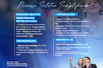 Prefeitura Municipal de Arvorezinha abre inscrições para o Processo Seletivo Simplificado. 