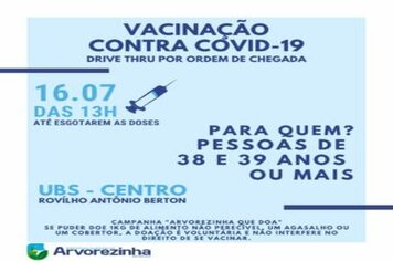 ATENÇÃO DIA 16/07 – SEXTA-FEIRA É DIA DE VACINAÇÃO CONTRA COVID-19‼  PESSOAS DE 38 E 39 ANOS COMPLETOS PODERÃO RECEBER A 1ª DOSE  DA VACINA
