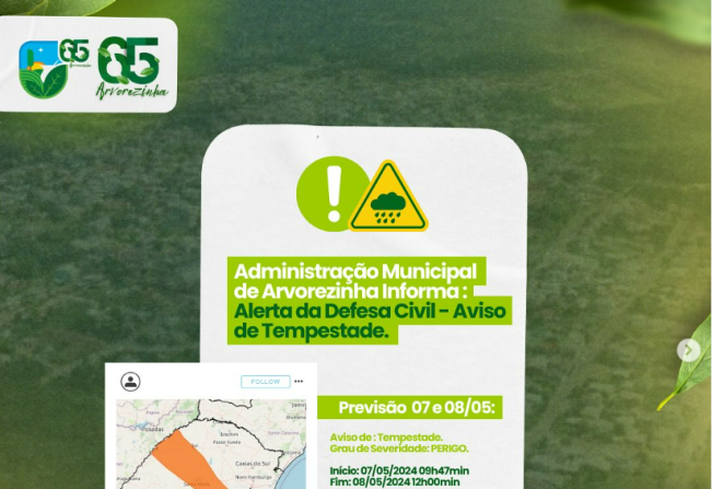 Administração de Arvorezinha em Alerta: Defesa Civil Adverte sobre Tempestade Severa. 