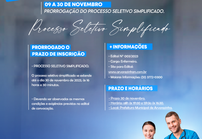 Processo seletivo simplificado para vaga de enfermeiro foi PRORROGADO.
