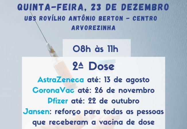 ATENÇÃO VACINAÇÃO CONTRA COVID-19 SERÁ NESTA QUINTA-FEIRA(23/12)