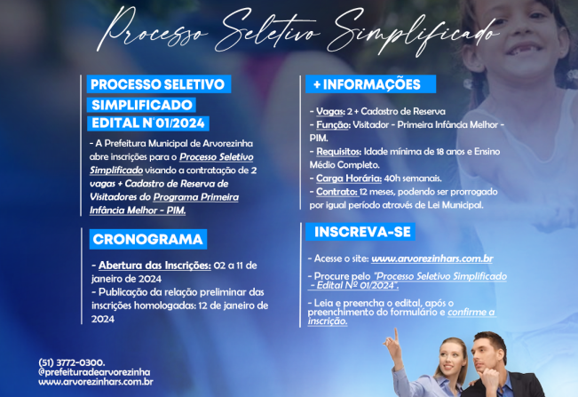 Prefeitura Municipal de Arvorezinha abre inscrições para o Processo Seletivo Simplificado. 