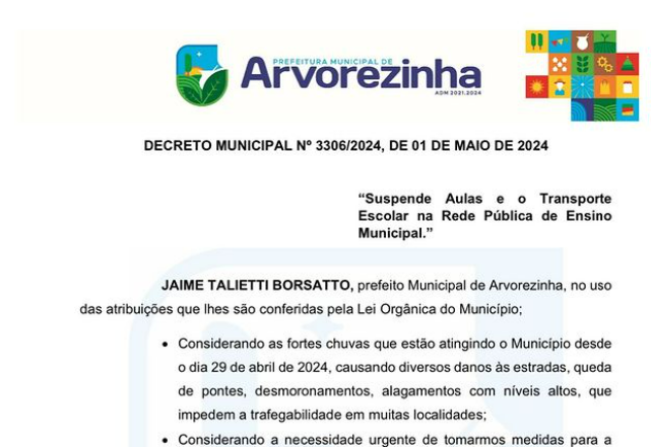 Prefeitura de Arvorezinha Suspende Aulas em Decorrência das Fortes Chuvas. 