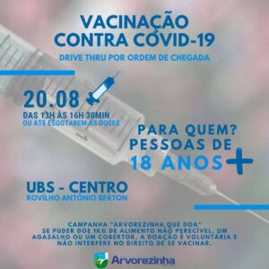 ️ATENÇÃO‼ PESSOAS COM 18 ANOS CHEGOU A HORA DE SE VACINAR TODA A POPULAÇÃO ADULTA DE ARVOREZINHA SERÁ VACINADA COM A 1ª DOSE CONTRA A COVID-19 ATÉ SEXTA-FEIRA, 20 DE AGOSTO‼