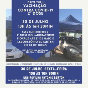 ATENÇÃO‼️  2ª DOSE DA VACINA CONTRA A COVID-19 PARA  PESSOAS QUE RECEBERAM A 1ª DOSE LABORATÓRIO FIOCRUZ/ASTRAZENECA ATÉ 21 DE MAIO E LABORATÓRIO BUTANTAN/CORONAVAC EM 02 DE JULHO, SERÁ NA SEXTA-FEIRA 30 DE JULHO