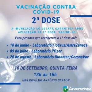 ATENÇÃO‼️  2ª DOSE DA VACINA CONTRA A COVID-19 SERÁ NA QUINTA-FEIRA, 16 DE SETEMBRO