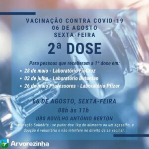 ATENÇÃO‼️  2ª DOSE DA VACINA CONTRA A COVID-19 PARA  PESSOAS QUE RECEBERAM A 1ª DOSE LABORATÓRIO FIOCRUZ/ASTRAZENECA ATÉ 28 DE MAIO, PROFESSORES QUE RECEBERAM A 1ª DOSE EM 26 DE MAIO LABORATÓRIO PFIZER E PARA QUEM RECEBEU A 1ª DOSE DO LA...